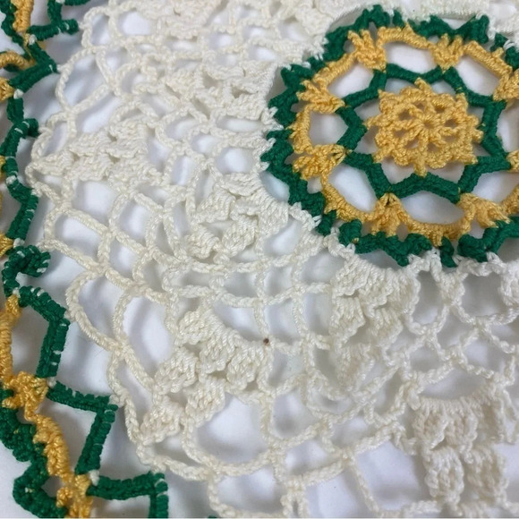 Vintage Lace Crochet Doily Cream Tan Bundle of Two Yellow Green Pink Floral - Picture 4 of 11